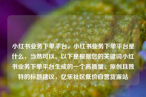小红书业务下单平台，小红书业务下单平台是什么	，当然可以。以下是根据您的关键词小红书业务下单平台生成的一个高质量、原创且独特的标题建议，亿乐社区低价自营货源站  第1张